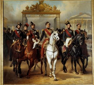 König Louis-Philippe I. (Louis Philippe) mit seinen fünf Söhnen, die durch das Ehrengitter des Schlosses von Versailles nach einer Militärparade am 10.06.1837 hinausgehen. Gemälde von Horace Vernet (1789-1863) 1846
