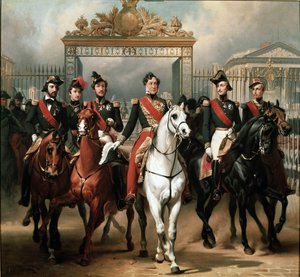König Louis-Philippe umgeben von seinen fünf Söhnen, die nach einer Militärparade durch das Ehrentor des Schlosses von Versailles gehen