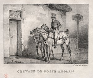 Postpferde, 1823 von Emile Jean Horace Vernet