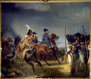 Die Schlacht von Jena am 14.10.1806, Kaiser Napoleon I. (1769-1821), Joachim Murat und Louis Alexandre Berthier überprüfen die Garde von Emile Jean Horace Vernet