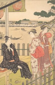 Gruppe in einem Teehaus am Ufer des Sumida-Flusses