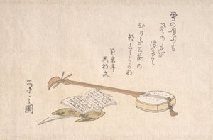 Shamisen, Plektrum und ein Buch von Hosoda Eishi