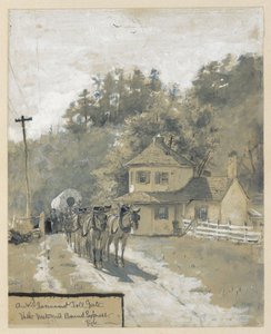 Ein altes Regierungsmauttor mit westwärts gebundenem Express, Zeichnung einer Illustration für den Artikel "The Old National Pike," von William Henry Rideing von Howard Pyle