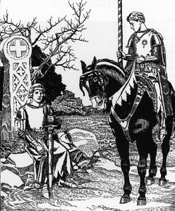 Artussage: Galahad trifft Melyas de Lyle (Illustration von Howard Pyle aus „Die Geschichte des Grals und das Ende von Artus“ 1910)