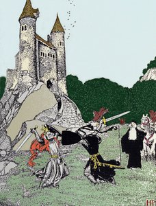 Kampf zwischen König Artus und dem schwarzen Ritter in Anwesenheit von Merlin dem Zauberer. Illustration von Howard Pyle (1853 - 1911), amerikanischer Illustrator von Howard Pyle