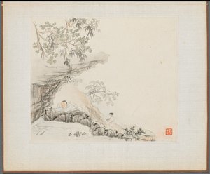 Album von Landschaftsgemälden, die alte Gedichte illustrieren: Ein Mann liegt unter einem felsigen Überhang, 1700er Jahre von Hua Yan