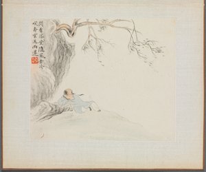 Album mit Landschaftsgemälden, die alte Gedichte illustrieren: Ein Mann ruht..., 1700er Jahre von Hua Yan