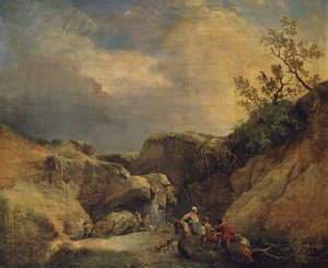 Eine felsige bewaldete Landschaft mit Reisenden, die sich an einem Wasserfall unterhalten von Hubert (circle of) Robert