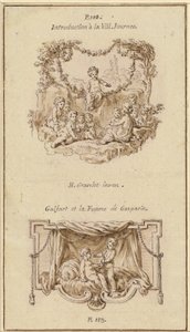 Neun Kinder hören einem Mädchen zu, das eine Geschichte erzählt; Ein Junge überreicht einem auf einem Bett sitzenden Mädchen eine Geldbörse von Hubert Francois Gravelot