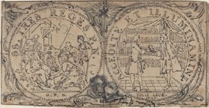 Ornamentale Medaillons mit der Anbetung der Heiligen Drei Könige und zwei Bibliophilen