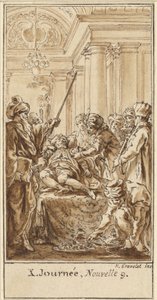 Zehnter Tag, neunte Geschichte: Saladin beschenkt den schlafenden Torello reichlich von Hubert Francois Gravelot