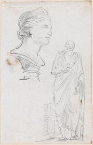 Büste einer römischen Frau und Statue eines römischen Mannes von Hubert Robert
