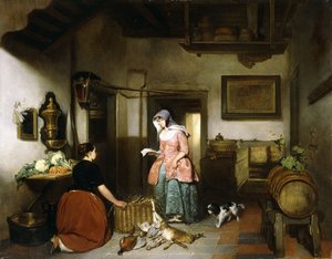 Innenansicht einer Speisekammer mit Frauen, die Wild reinigen, 1852 von Hubertus van Hove