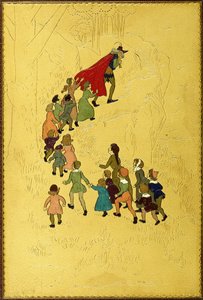 Oberer Einband, mit einer Illustration des Pfeifers, gefolgt von Kindern