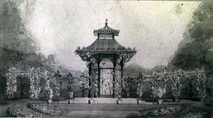 Entwurf für eine Voliere und Pergola im chinesischen Stil