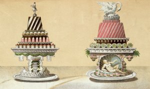 Entwurf für die Präsentation von Charlottes à la Reine & Pain de Framboises à la Leda, Illustration aus einem ungarischen Kochbuch über die französische Küche, ca. 1880
