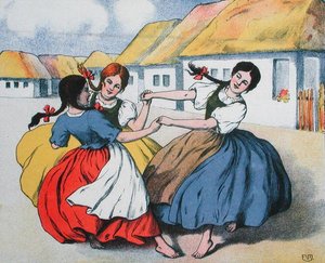 Bauerntanz. Illustration aus einer Partitur von Liedern von Arpad Balazs, ca. 1910