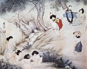 Frauen im Freien (Bad im Fluss und Schaukel) und zwei Männer, die sie beobachten, Kree - von Hye-Wol, Yi-Dynastie