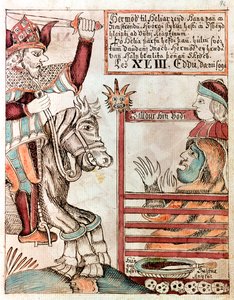 Hermod reitet auf Sleipnir, dem berühmten achtbeinigen Pferd seines Vaters, an den verschlossenen Toren des Königreichs Hel