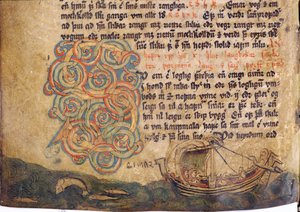 Historiierte Initiale S, aus einer Kopie der ursprünglichen Jonsbok-Gesetzessammlung aus dem 13. Jahrhundert