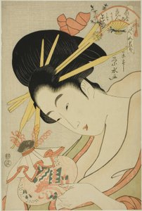 Die Kurtisane Hanahito von Ogiya und die Begleiterinnen Sakura und Momiji, aus der Serie "Schönheiten der fünf Feste"