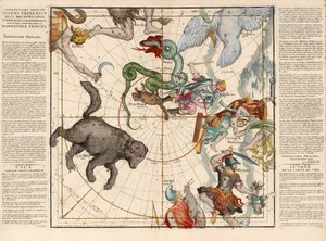 Nordpol, Tafel 1 aus Globi coelestis in tabulas planas redacti descriptio, veröffentlicht 1674 (handkolorierter Stich) von Ignace Gaston Pardies