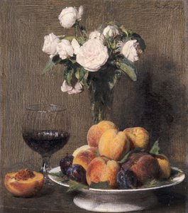 Stillleben mit Rosen, Obst und einem Glas Wein, 1872
