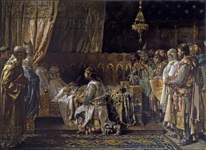 König Jakob I. der Eroberer übergibt sein Schwert an seinen Sohn Pedro, 1881 von Ignacio Pinazo Camarlench