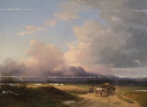 Voralpenlandschaft mit Fuhrwerk auf der Straße