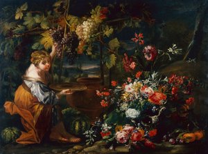 Junges Mädchen beim Traubenpflücken von Il and Brueghel Abraham Borgognone