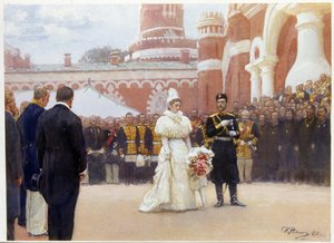 Nikolaus II. (1868-1918) und seine Frau Alexandra Fjodorowna (1872-1918) empfangen die Ältesten des ländlichen Bezirks am 18. Mai 1896 im Hof des Petrowski-Palastes in Moskau