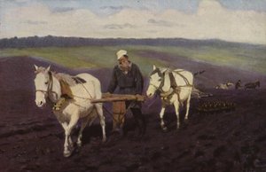 Der russische Schriftsteller Leo Tolstoi pflügt die Felder, ca. 1887