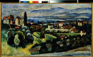Blick auf die Stadt Nervi (Italien). Beschreibung der Landschaft und der kleinen Stadt an der italienischen Riviera, nahe Genua, im Sommer. Gemälde von Ilya Ivanovich Mashkov (Ilia Machkov, Matchkov) (1881-1944)