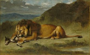 Löwe, der eine Ziege verschlingt