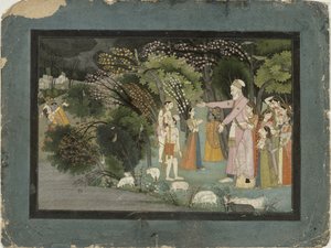 Nanda bittet Radha, Krishna nach Hause zu begleiten, aus dem Gita Govinda, Garhwal, Pahari-Schule, 1790 von Indian School
