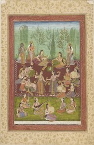 Eine Gruppe von Frauen in einem Garten, die sich mit Musik und Tanz unterhalten von Indian School