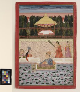 Ein Prinz und eine Prinzessin spielen mit Wunderkerzen an einem Lotusbecken, ca. 1760
