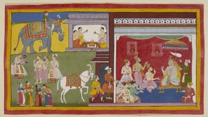 Dasaratha, auf dem Thron im Durbar, erzählt den Brahmanen Vasistha und Vamadeva und seinem Minister Sumantra von seiner Absicht, seinen Thron an Rama als Regenten zu übergeben; links rufen diese drei Rama und Laksmana. Oben beginnen vier Brahmanen.