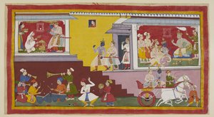 Add 15296 (1) f.14r, Rechts sagt Dasaratha erneut zu Rama, dass er ihn zum König machen wird, mit Vasistha, Laksmana, einem anderen Brahmanen und Ministern anwesend. Rama und Laksmana verlassen dann den König, um Kausalya zu besuchen, die links in Weiß gek von Indian School