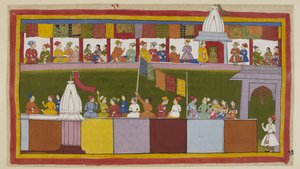 Die gleiche Straße in der Stadt Ayodhya ist jetzt vollständig dekoriert, und die Menschen warten auf die Prozession. Sie erzählen sich gegenseitig, wie weise der König ist und wie glücklich sie sind, Rama als ihren neuen Beschützer zu haben.