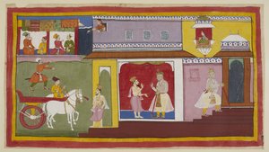 Add 15296 (1) f.18r, Vasistha kehrt in den Palast zurück und teilt Dasaratha mit, dass alles für die Zeremonie vorbereitet ist. Dasaratha zieht sich in eine innere Kammer des Palastes zurück. Oben schaut Kaikeyis Dienerin Manthara aus einem oberen Fenster 