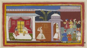 Add 15296 (1) f.27r, Vasistha hat Sumantra gesagt, er solle dem König mitteilen, dass alles bereit ist, und er informiert Dasaratha darüber. Er wird von Kaikeyi, mit Dasarathas stillschweigender Zustimmung, angewiesen, Rama zu holen. Vor dem Palasteingang 