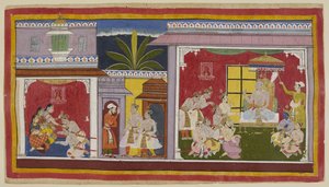 Im Thronsaal von Ayodhya, König Dasaratha sitzt mit seinen vier Söhnen, seinem Minister Sumantra und seinem Oberpriester Vasistha. Yudhajit, der Bruder von Königin Kaikeyi und Bharatas Onkel mütterlicherseits, ist gekommen, um Bharata zu besuchen
