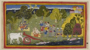 Die Gefährten haben den Fluss Ganga bei Srngaverapura erreicht. Rama und Sita sitzen auf einer Strohmatte unter einem Baum, der als Ingudi-Baum gedacht ist, während Laksmana und Sumantra ihnen gegenüber sitzen. Die Pferde sind abgespannt. von Indian School