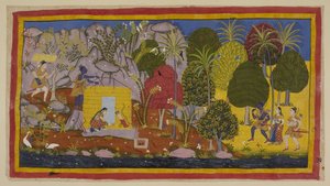 Die drei Exilanten nähern sich Citrakuta von rechts entlang der Ufer des Yamuna-Flusses. Rama bewundert die blühenden Bäume und Pflanzen, die den Berg bedecken. Links, auf einer ebenen Fläche in der Nähe des Flusses, bauen die beiden Brüder ein Haus von Indian School
