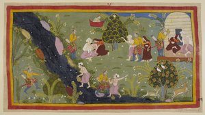 Add 15296 (1) f.79r, Dasaratha erzählt den Königinnen von dem Vorfall in seiner Jugend, als er versehentlich den Sohn eines Weisen beim Jagen tötete. Links zielt Dasaratha irrtümlich durch die Bäume auf den Jungen, der seinen Wasserkrug füllt. von Indian School