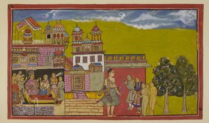 Add 15296 (2) f.34r, Laksmana, immer noch an den Toren von Kiskindha, wird von Sugrivas Ministern begrüßt, während im Palast Sugriva von seinen Ministern und Tārā beraten wird. von Indian School