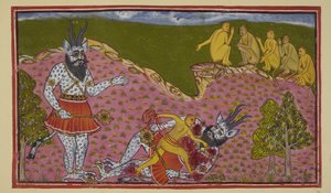Die Affen, die nach Süden gingen, darunter Hanuman und Angada, treffen auf einen riesigen Asura (Dämon), blau und schuppig, mit Hörnern und einer Keule. Angada schlägt ihn zu Boden und entweidet ihn, während die anderen Affen zuschauen. von Indian School