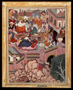 Amr, verkleidet als Mazmahil der Chirurg, praktiziert Quacksalberei an den Zauberern von Antali, ca. 1570 von Indian School