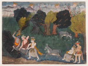 Balarama tötet den Esel-Dämon, Seite aus einer verstreuten Bhagavata Purana Serie, ca. 1725 von Indian School
